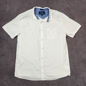 Even Tide Shirt Mens Large White Stripe Slim Fit Linen Cotton Blend Short Sleeve